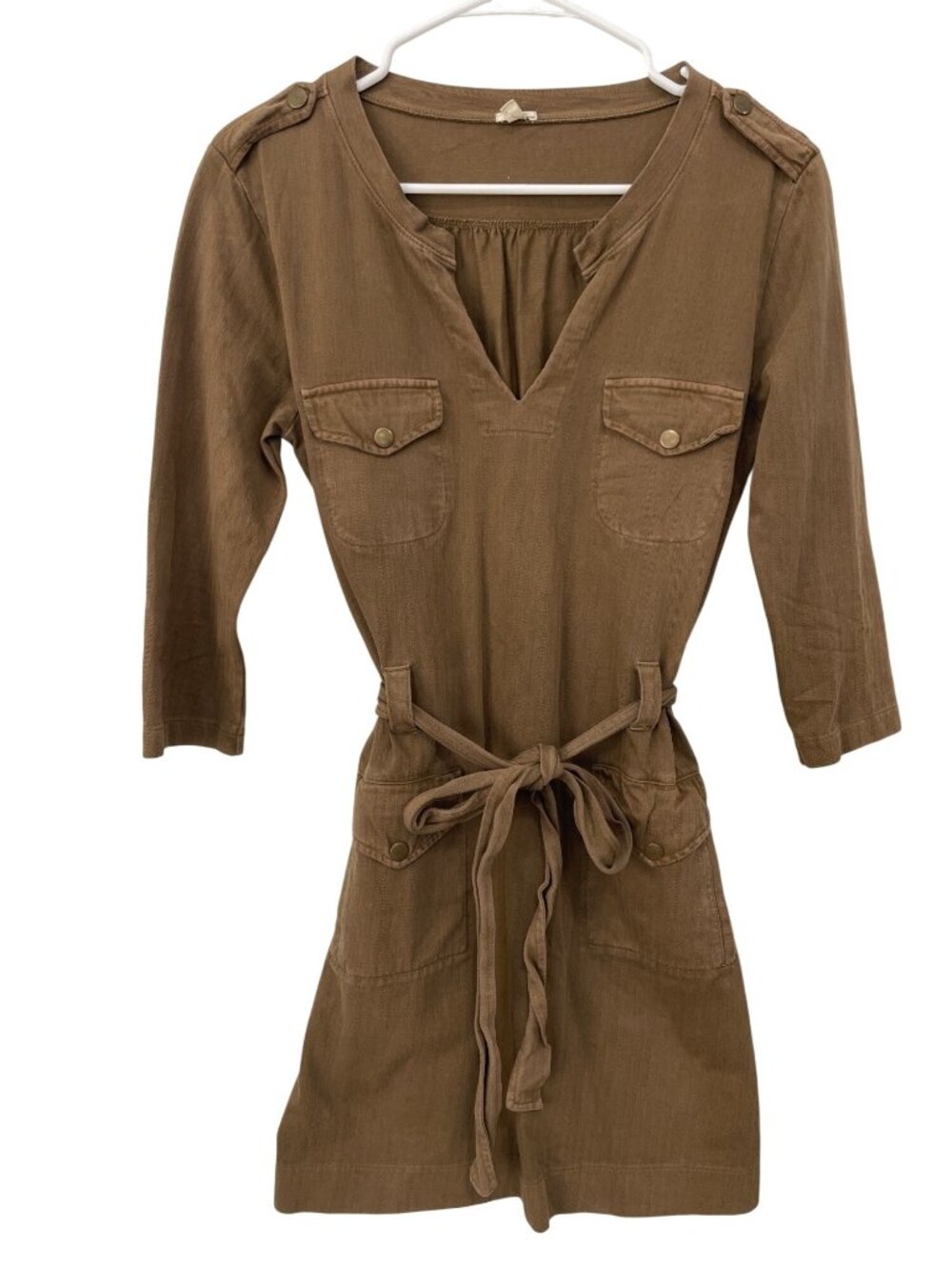 J Crew Utility Dress Small V Neck 3/4 Sleeve Tie Waist Cargo Pockets Brown Tan